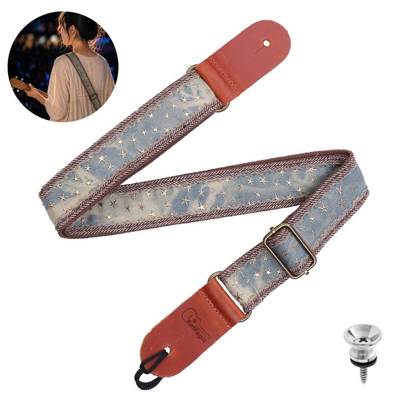 Sangle ukulélé Ciel Denim Étoilé avec embouts en cuir, cordon et bouton de sangle fournis