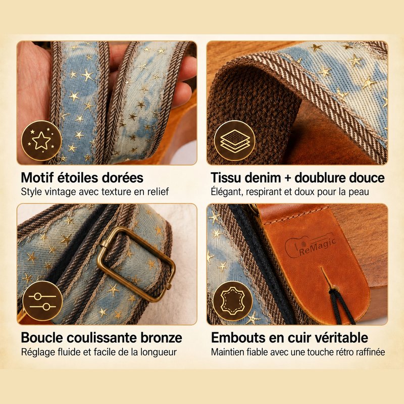 Détails de la sangle ukulélé : étoiles dorées, doublure douce, boucle bronze et embouts en cuir