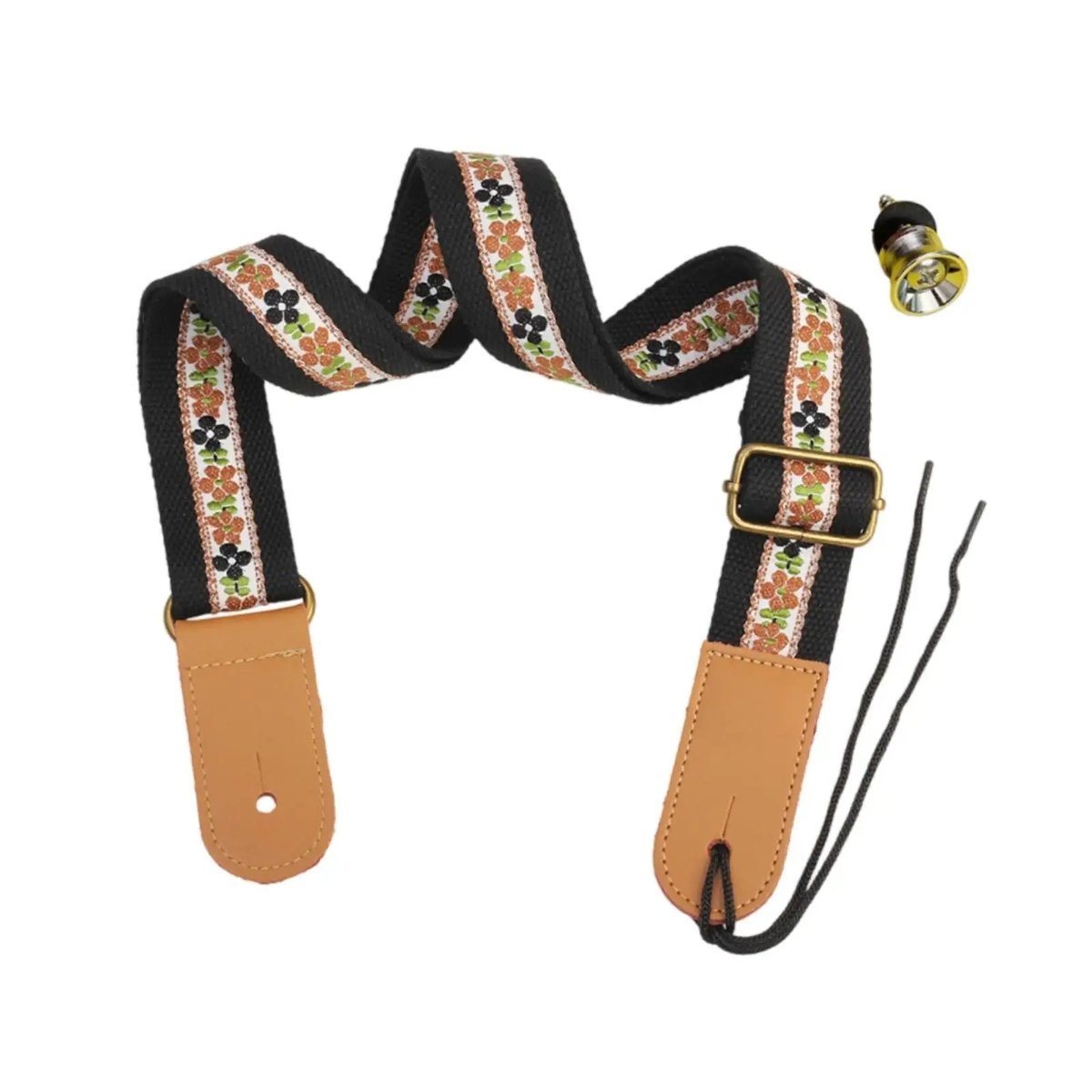Sangle ukulélé Folk Blossom à galon floral vintage avec embouts camel, boucle bronze, bouton de sangle et lacet