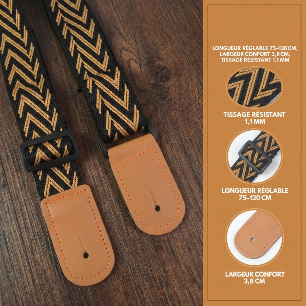 Sangle ukulélé Golden Chevron réglable de 75 à 120 cm, largeur 3,8 cm, tissage résistant