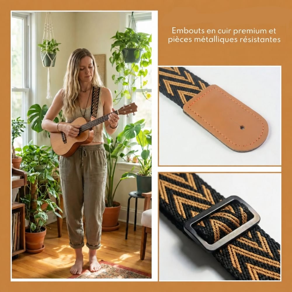 Musicienne jouant du ukulélé avec la sangle Golden Chevron, détails de l'embout camel et de la boucle de réglage