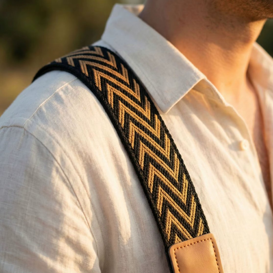 Sangle ukulélé Golden Chevron à chevrons noirs et dorés portée sur l'épaule d'une chemise en lin