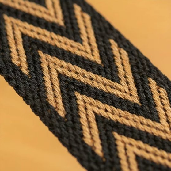 Gros plan du tissage à chevrons noirs et dorés de la sangle ukulélé Golden Chevron