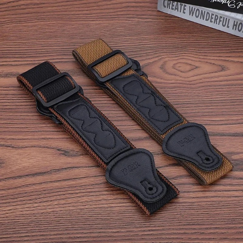 Sangle de guitare Vintage Road en nylon avec porte-médiators intégré, coloris noir et marron
