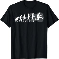 T-shirt noir L'Évolution Ultime, marche de l'évolution en silhouettes blanches se terminant par un guitariste en plein saut