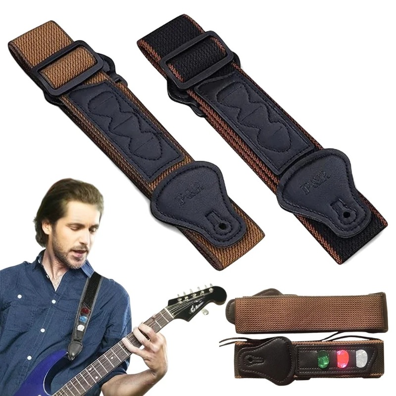 Guitariste portant la sangle de guitare Vintage Road avec porte-médiators intégré
